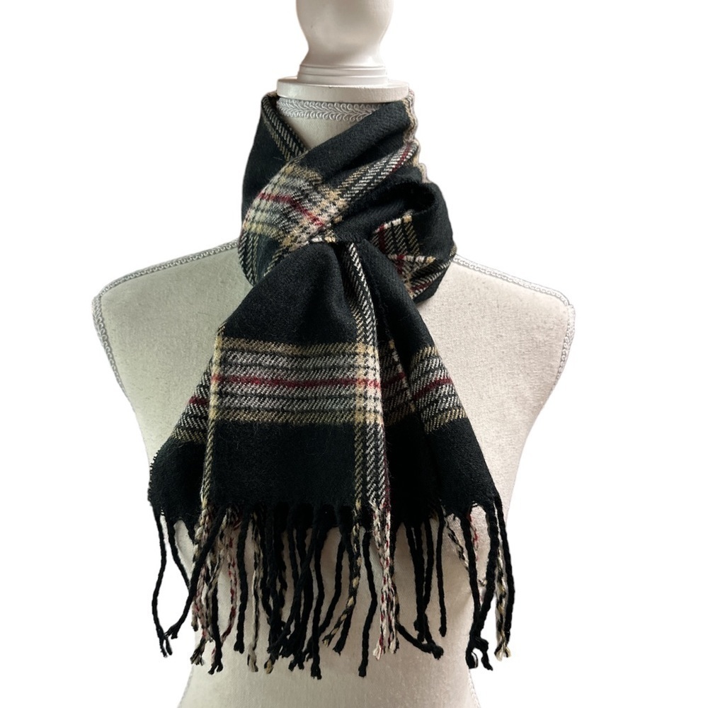 Plaid Acrylic Men’s Coat Scarf Black/Tan/Cream/Reddish Burgundy Preowned